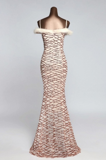 BMbridal Glamorous Pailletten Off-the-Shoulder-Meerjungfrau-Abschlussballkleider mit Fell_3