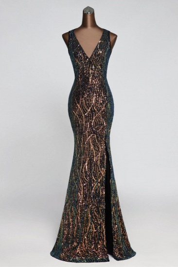 BMbridal Luxury V-Neck Backless Sequins Mermaid Prom Dresses with Front Slit_2