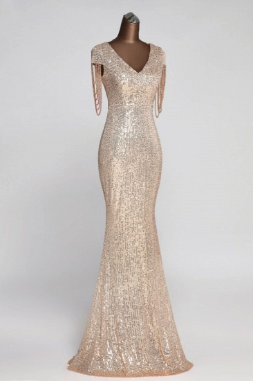 BMbridal Elegant V-Neck Beading Long Mermaid Prom Dresses with Short Sleeves Online_9