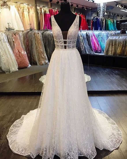 BMbridal Designer V-Neck Sleeveless Lace Wedding Dress Long Bridal Gowns_3