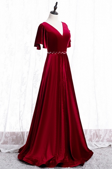 BMbridal Chic V-Neck Ruffles Burgundy Prom Dresses Short Sleeves A-Line Party Dresses with Rhinestones Sash_4