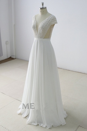 BMbridal Gorgeous White Lace Backless V-Neck Long Wedding Dress Sleeveless Appliques Bridal Gowns On Sale_3