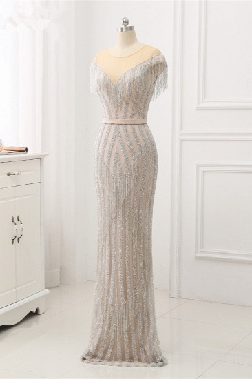 BMbridal Elegant Jewel Sleeves Silver Mermaid Prom Dresses with Rhinestone_4