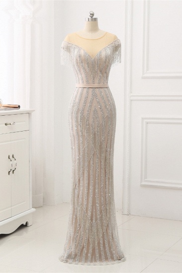 BMbridal Elegant Jewel Sleeves Silver Mermaid Prom Dresses with Rhinestone_2
