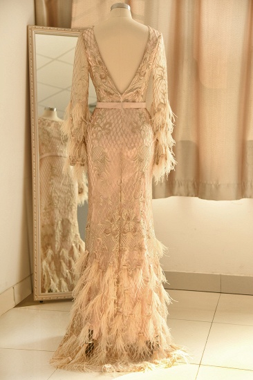 BMbridal Glamorous Jewel Spitzenapplikationen Ballkleider mit langen Ärmeln Mermaid Abendkleider mit Pelz_11