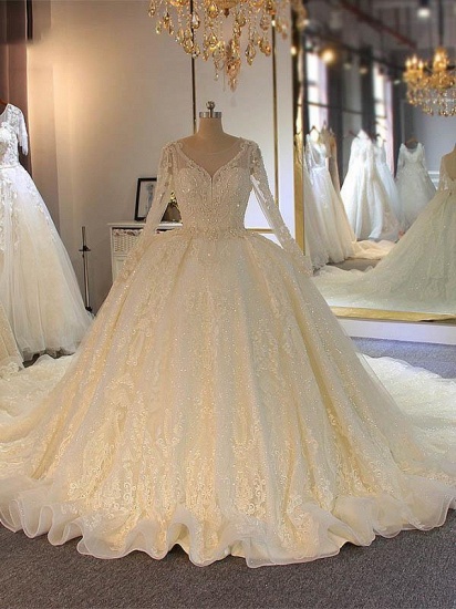 BMbridal Long Sleeves Ball Gown Wedding Dress With Lace Appliques