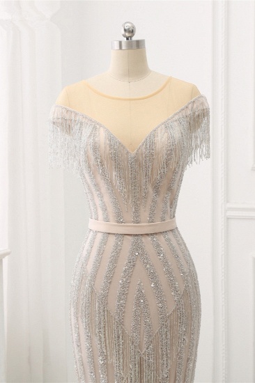 BMbridal Elegant Jewel Sleeves Silver Mermaid Prom Dresses with Rhinestone_5