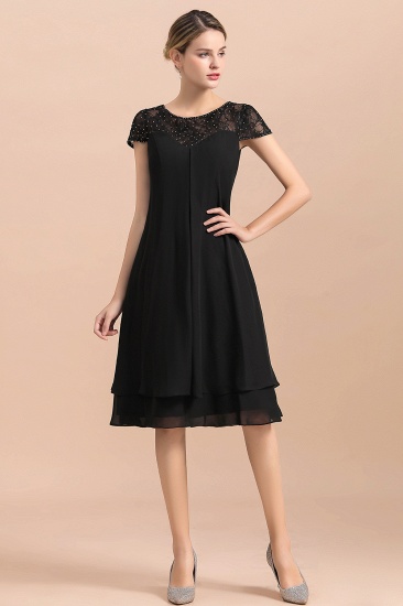 BMbridal Chic Black Cap Sleeve Mother of Bride Dress Chiffon Short Wedding Party Gowns_4