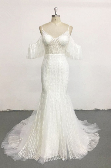 BMbridal Stylish Sleeveless V-Neck Ivory Wedding Dresses Spaghetti Straps Pearls Bridal Gowns On Sale_2