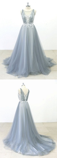 BMbridal Elegant Gray Tulle Round Neck Beach Wedding Dress Jewel Sweep Train Bridal Gowns On Sale_6