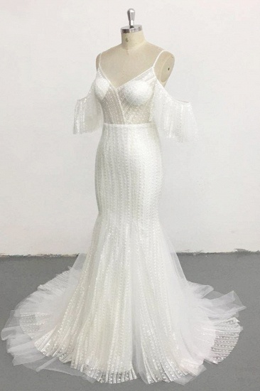 BMbridal Stylish Sleeveless V-Neck Ivory Wedding Dresses Spaghetti Straps Pearls Bridal Gowns On Sale_4