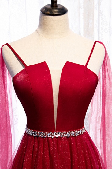 BMbridal Stunning Spaghetti Straps Tulle Burgundy Prom Dresses V-Neck Sleeveless Sequins Evening Dresses Online_5