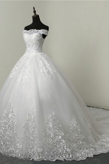 BMbridal Ball Gown White Tulle Sleeveless Wedding Dresses Off-the-Shoulder Lace Appliques Bridal Gowns_5