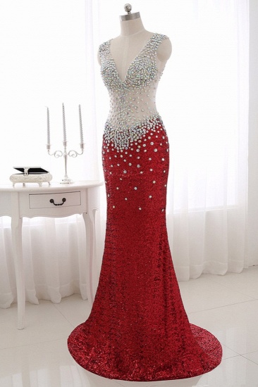 BMbridal Sparkly Sequined V-Neck Burgundy Mermaid Prom Dresses with Rhinestone Top_4