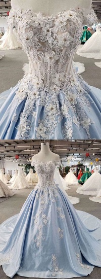 BMbridal AffordableLight Blue Satin Sweep Train Wedding Dress Off Shoulder Sleeveless Bridal Gowns On Sale_5
