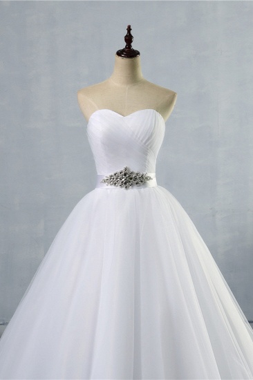 BMbridal Chic Strapless Sweetheart White Tulle Wedding Dress Sleeveless Beadings Bridal Gowns with Sash_4