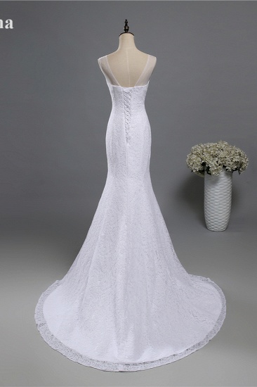 BMbridal Stylish V-Neck White Lace Mermaid Wedding Dress Appliques Sleeveless Sequins Bridal Gowns_3