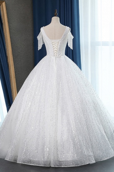 BMbridal Sparkly Sequins White Tulle Ball Gown Wedding Dress Cold-Shoulder V-Neck Bridal Gowns with Tassels On Sale_3