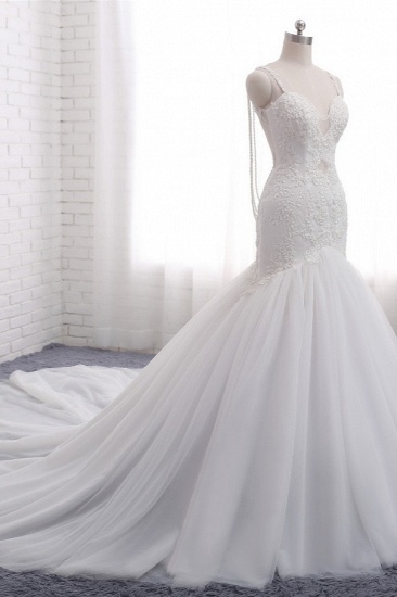 BMbridal Gorgeous Spaghetti Straps V-Neck Mermaid Wedding Dress White Lace Appliques Sleeveless Bridal Gowns Online_4