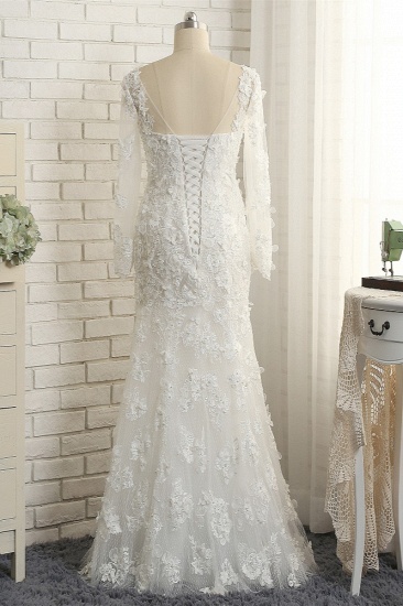 BMbridal Glamorous White Mermaid Lace Wedding Dresses With Appliques Longsleeves Jewel Bridal Gowns On Sale_3