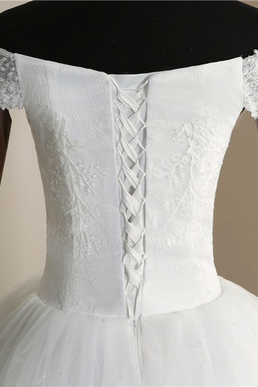 BMbridal Erschwingliches schulterfreies Hochzeitskleid aus Tüll mit Applikationen, ärmellose Brautkleider mit Perlen_8