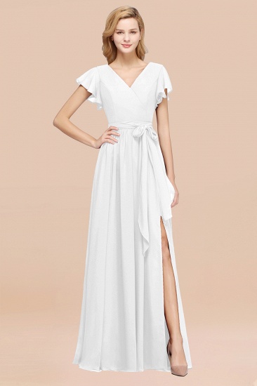 BMbridal Burgundy V-Neck Long Bridesmaid Dress With Short-Sleeves_1