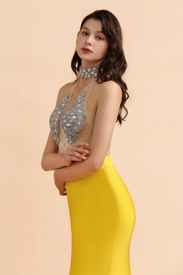BMbridal Sexy Yellow Halter Backless Prom Dress Long Mermaid With Crystals_9