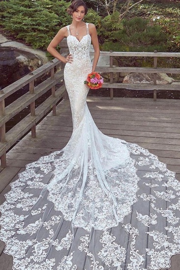 Bmbridal Spaghetti-Straps Lace Wedding Dress Mermaid Bridal Gowns Sleeveless_1