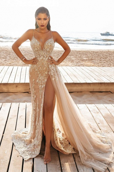 BMbridal Spaghetti-Straps Lace Mermaid Wedding Dress Split With Ruffles_1