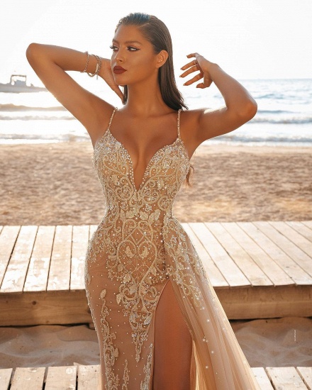 BMbridal Spaghetti-Straps Lace Mermaid Wedding Dress Split With Ruffles_5