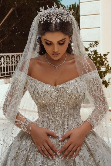 BMbridal Long Sleeves Crystal Wedding Dress Ball Gown Off-the-Shoulder_4