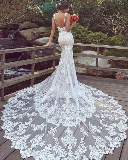 Bmbridal Spaghetti-Straps Lace Wedding Dress Mermaid Bridal Gowns Sleeveless_3