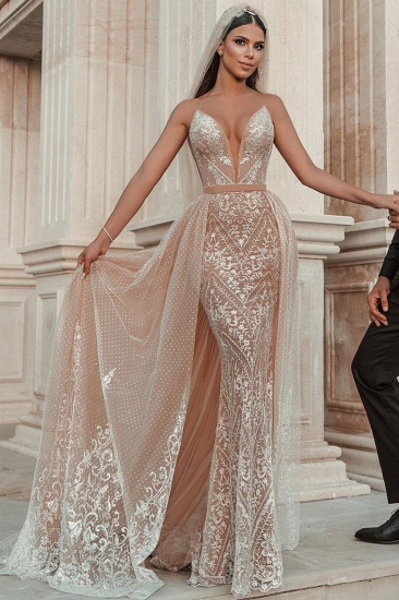 BMbridal Spaghetti-Strap Sleeveless Mermaid Wedding Dress Tulle With Lace_2