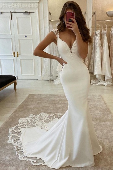 BMbridal Cap Sleeves V-Neck Mermaid Wedding Dress Sleeveless With Lace_1