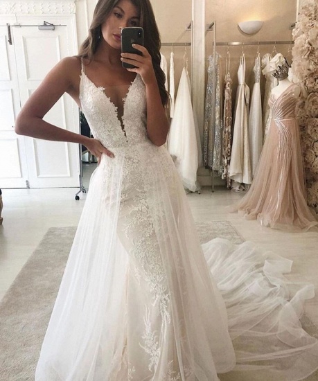 BMbridal Spaghetti-Straps Mermaid Wedding Dress Lace With Tulle Overlay_3
