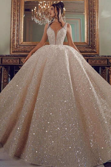 BMbridal V-Neck Sleeveless Ball Gown Wedding Dress With Sequins_2