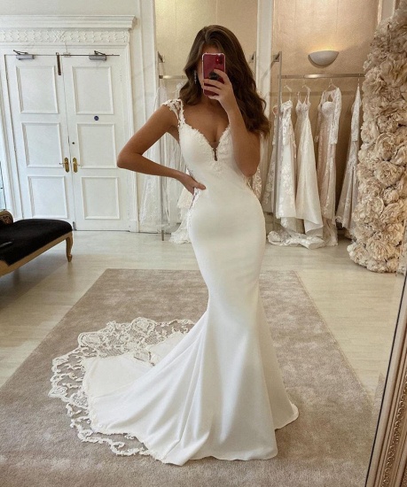 BMbridal Cap Sleeves V-Neck Mermaid Wedding Dress Sleeveless With Lace_4