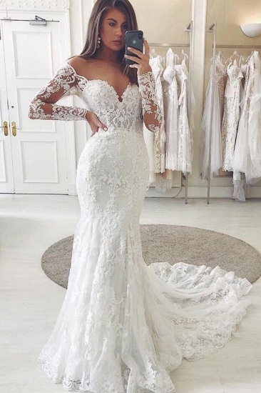 BMbridal Long Sleeves Mermaid Wedding Dress Lace V-Neck Bridal Gowns_2