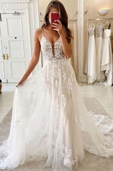 BMbridal Spaghetti-Straps Lace Wedding Dress Sleeveless Online