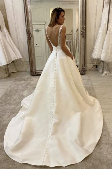BMbridal V-Neck Sleeveless Wedding Dress Ivory Lace Bridal Gowns_3