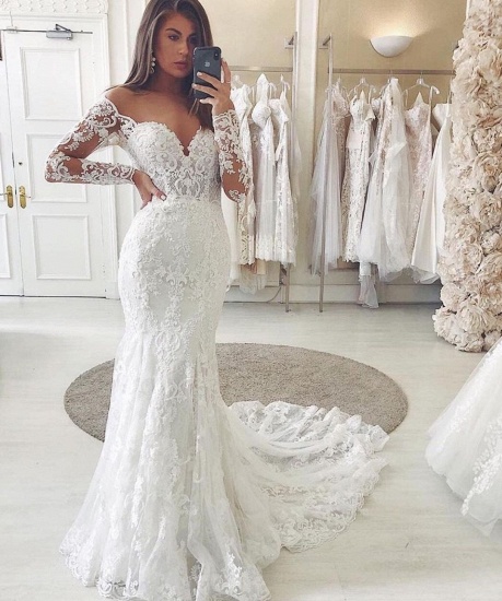 BMbridal Long Sleeves Mermaid Wedding Dress Lace V-Neck Bridal Gowns_3