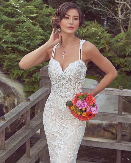 Bmbridal Spaghetti-Straps Lace Wedding Dress Mermaid Bridal Gowns Sleeveless_4