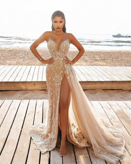 BMbridal Spaghetti-Straps Lace Mermaid Wedding Dress Split With Ruffles_4