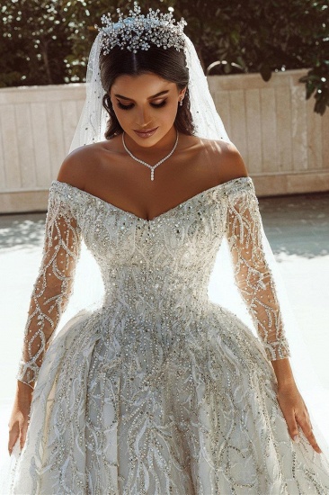 BMbridal Long Sleeves Crystal Wedding Dress Ball Gown Off-the-Shoulder