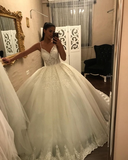 Bmbridal V-Neck Spaghetti-Straps Lace Wedding Dress Ball Gown Sleeveless_2