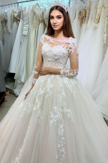 BMbridal Long Sleeves Princess Ball Gown Wedding Dress With Lace Appliques_2