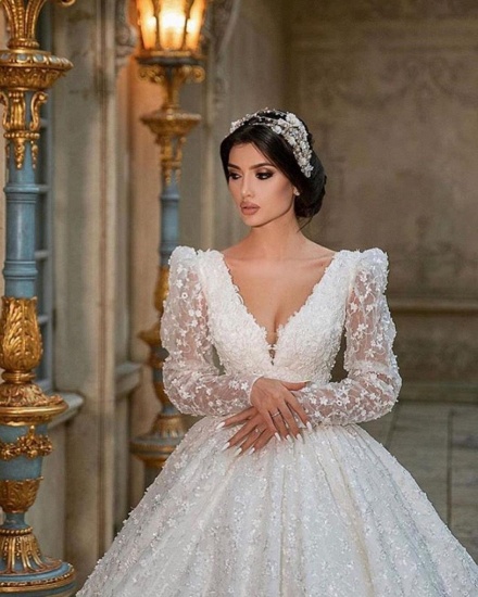 Bmbridal Long Sleeves Ball Gown Wedding Dress Appliques V-Neck Bridal Gown_4