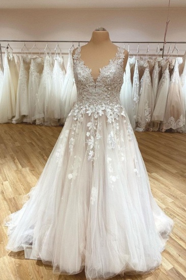 Bmbridal V-Neck Wedding Dress Lace Appliques Tulle Bridal Gown_2