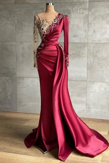 BMbridal Burgundy Long Sleeves Mermaid Prom Dress With Beadings_1