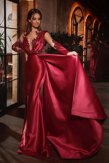 Bmbridal Burgundy Long Sleeves Mermaid Prom Dress Ruffles With Appliques_2